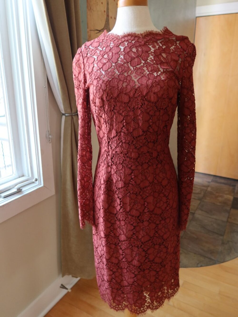 Dolce and Gabbana (NO TAG) $3800 lace midi dress with lace slip reddish brown